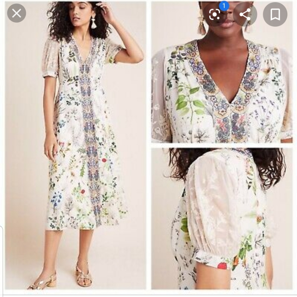 Anthropologie Floral Embroidered Midi Dress